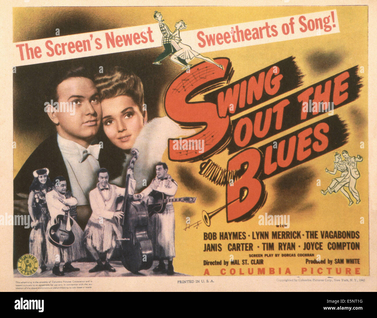 SWING OUT THE BLUES, US poster, top from left: Bob Haymes, Lynn Merrick, The Vagabonds (bottom), 1943 Stock Photo