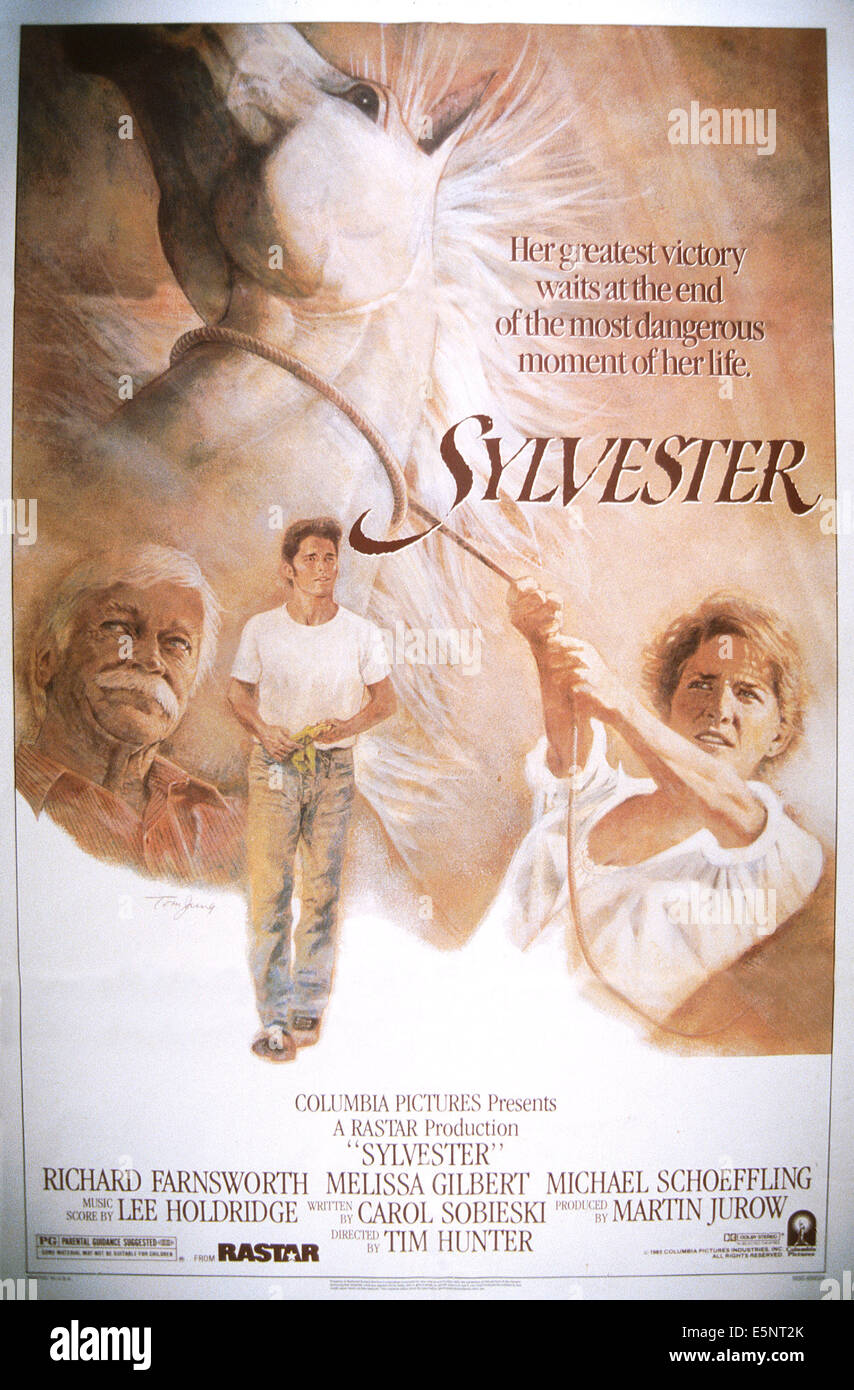 SYLVESTER, US poster, from left: Richard Farnsworth, Michael Schoeffling, Melissa Gilbert, 1985, © Columbia/courtesy Everett Stock Photo