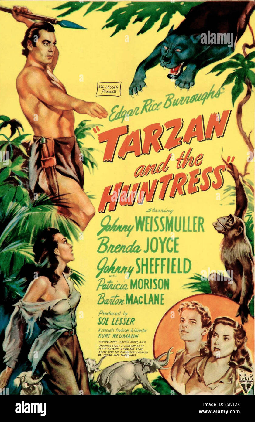 TARZAN AND THE HUNTRESS, Patricia Morison, Johnny Weissmuller, Johnny Sheffield, Brenda Joyce, 1947 Stock Photo