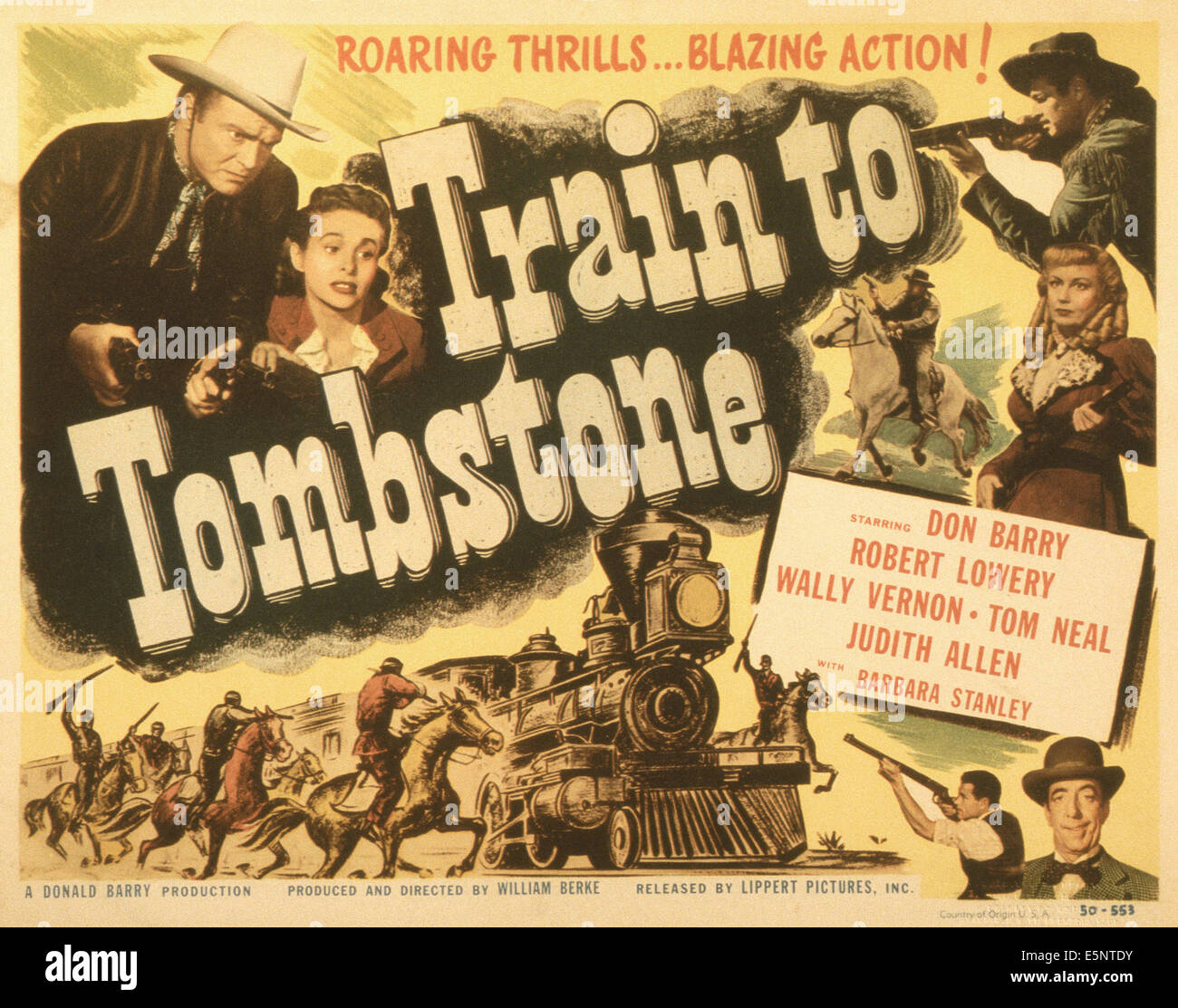 TRAIN TO TOMBSTONE, US poster, from left: Don 'Red' Barry, Judith Allen, right from top: Robert Lowery, Barbara Stanley, Wally Stock Photo