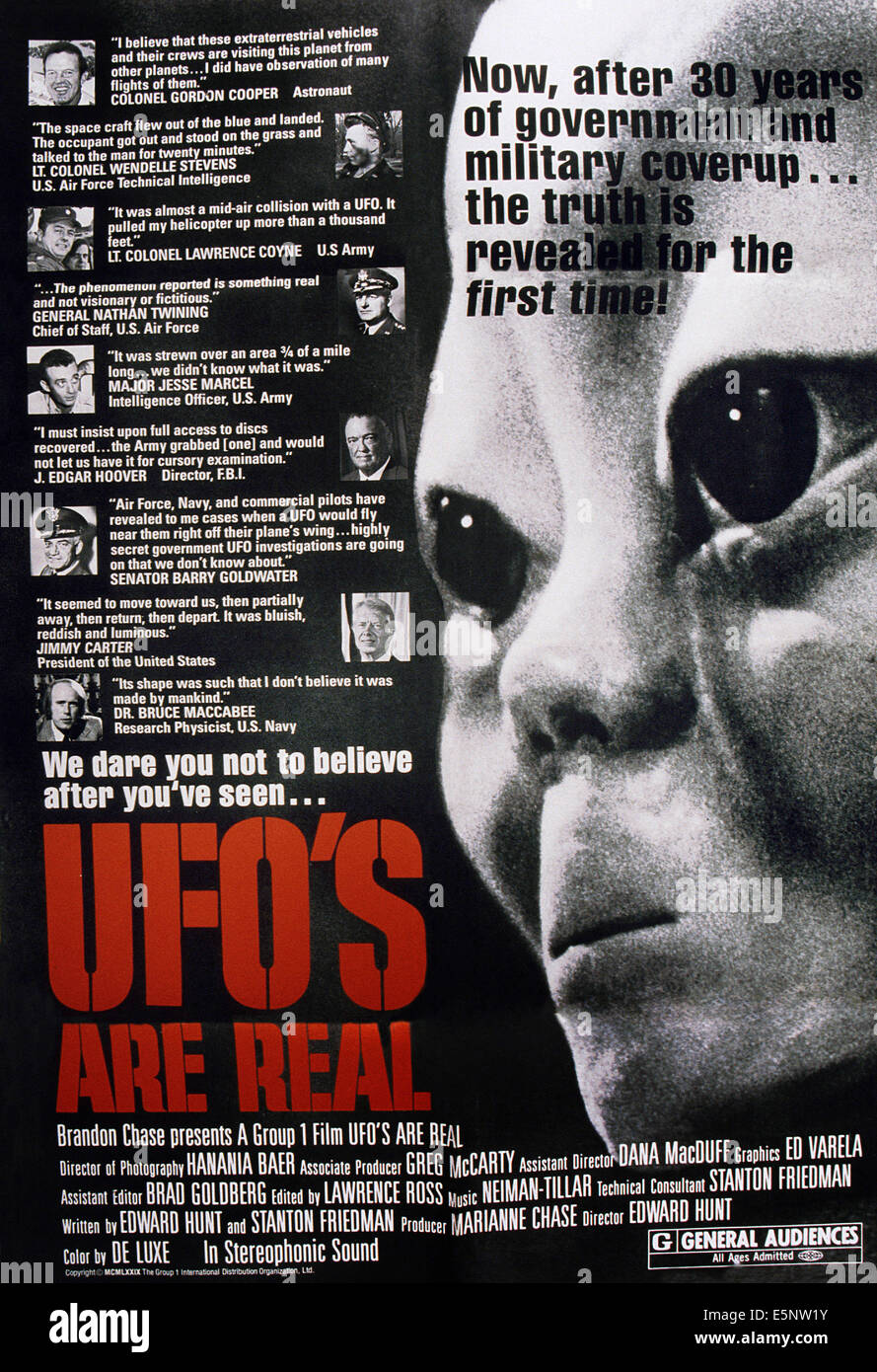 UFO'S ARE REAL, (aka FLYING SAUCERS ARE REAL), US poster art, from top: Gordon Cooper, Wendelle Stevens, Lawrence Coyne, Nathan Stock Photo