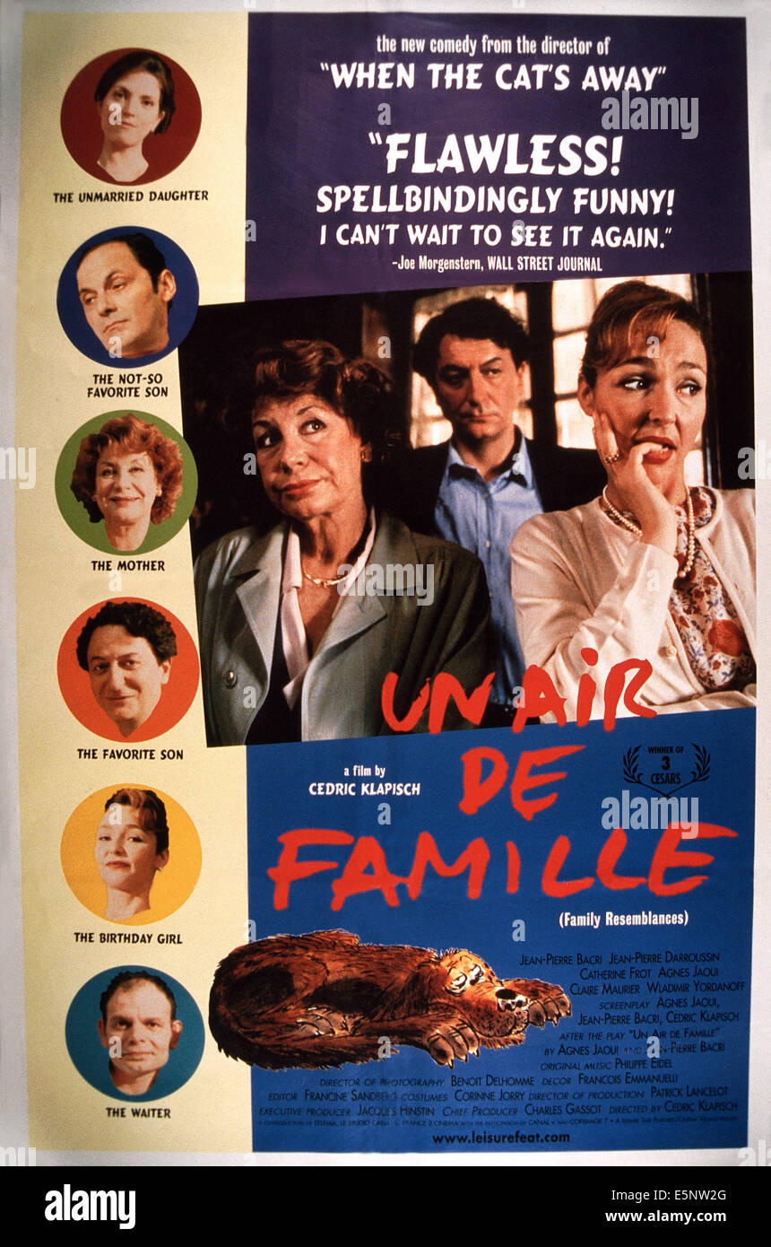 UN AIR DE FAMILLE, (aka FAMILY RESEMBLANCES),  poster, top to bottom: Agnes Jaoui, Jean-Pierre Bacri, Claire Maurier, Wladimir Stock Photo