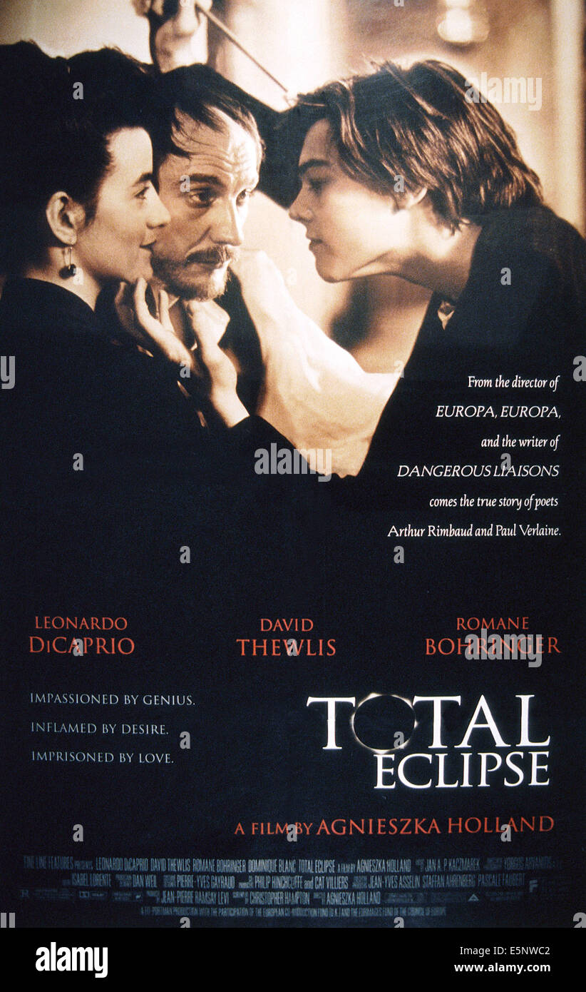 TOTAL ECLIPSE, US poster, from left: Romane Bohringer, David Thewlis, Leonardo DiCaprio, 1995, © Fine Line/courtesy Everett Stock Photo