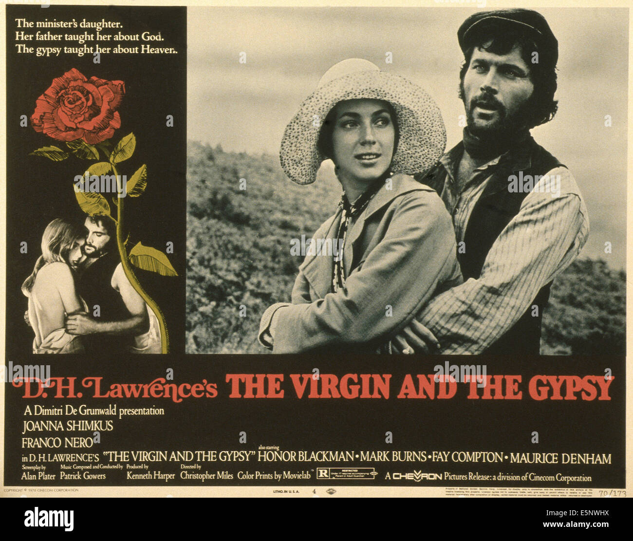 THE VIRGIN AND THE GYPSY, US lobbycard, from left: Joanna Shimkus, Franco Nero, 1970 Stock Photo