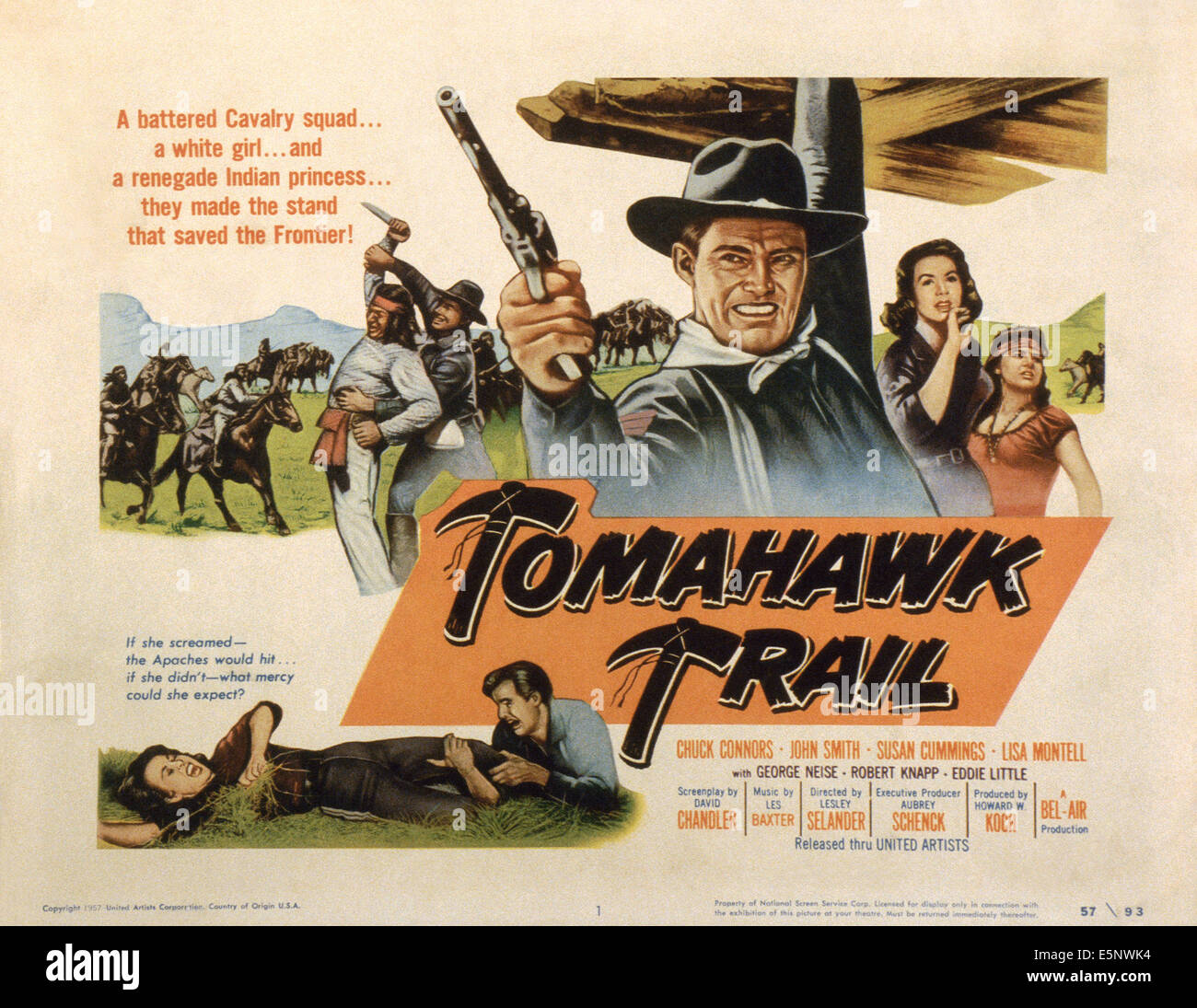 TOMAHAWK TRAIL, from left: Chuck Connors, Susan Cummings, Lisa Montell, 1957 Stock Photo