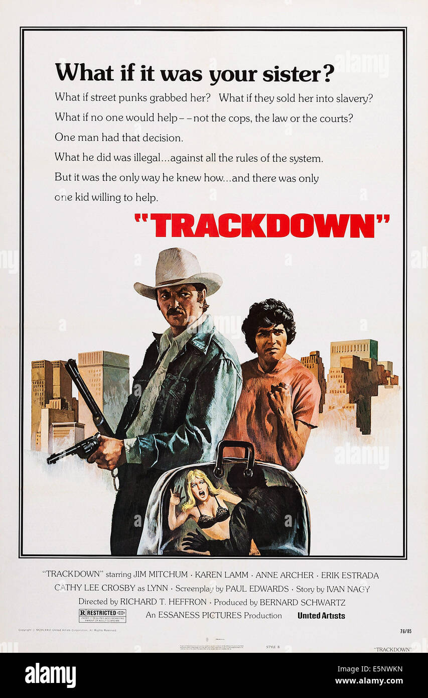 TRACKDOWN, US poster art, top from left: James Mitchum, Erik Estrada; bottom: Karen Lamm, 1976 Stock Photo