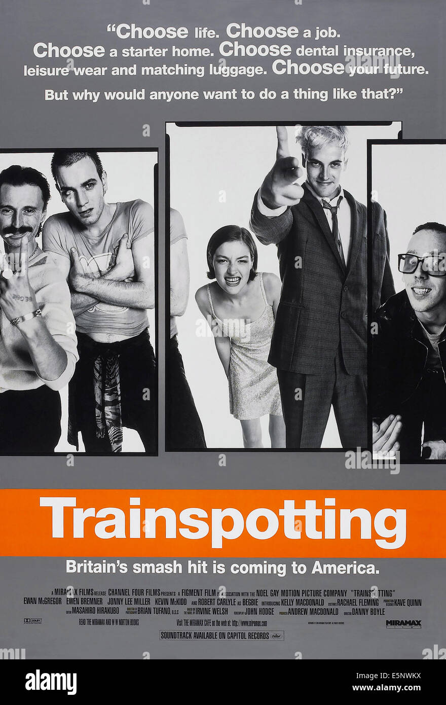 TRAINSPOTTING, US poster, (from left): Robert Carlyle, Ewan McGregor, Kelly Macdonald, Jonny Lee Miller, Ewen Bremner, 1996. © Stock Photo