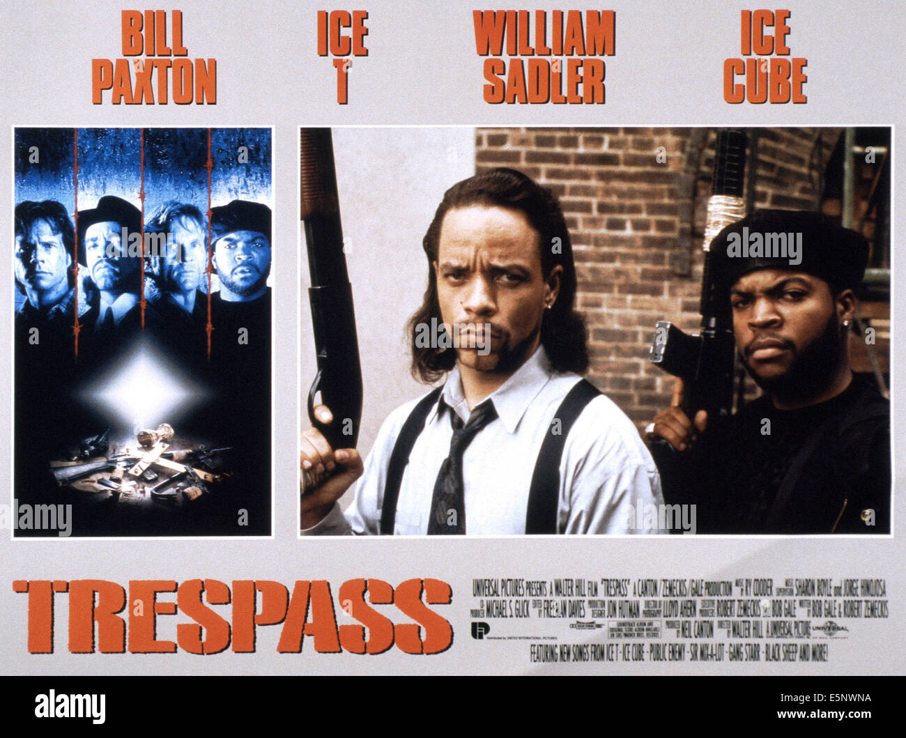 TRESPASS, US lobbycard, far left: Bill Paxton, Ice-T, William Sadler, Ice Cube; insert, from left: Ice-T, Ice Cube, 1992. Stock Photo