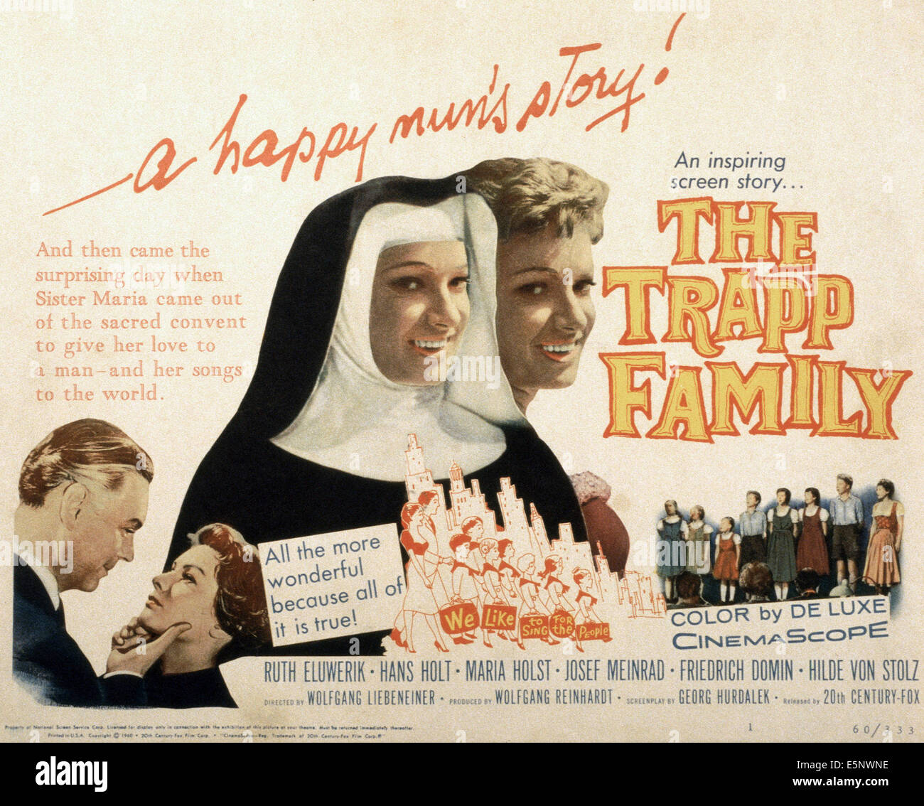 THE TRAPP FAMILY, (aka DIE TRAPP-FAMILIE), US poster, from left: Hans Holt, Ruth Leuwerik (and as nun), 1956, TM & Copyright © Stock Photo