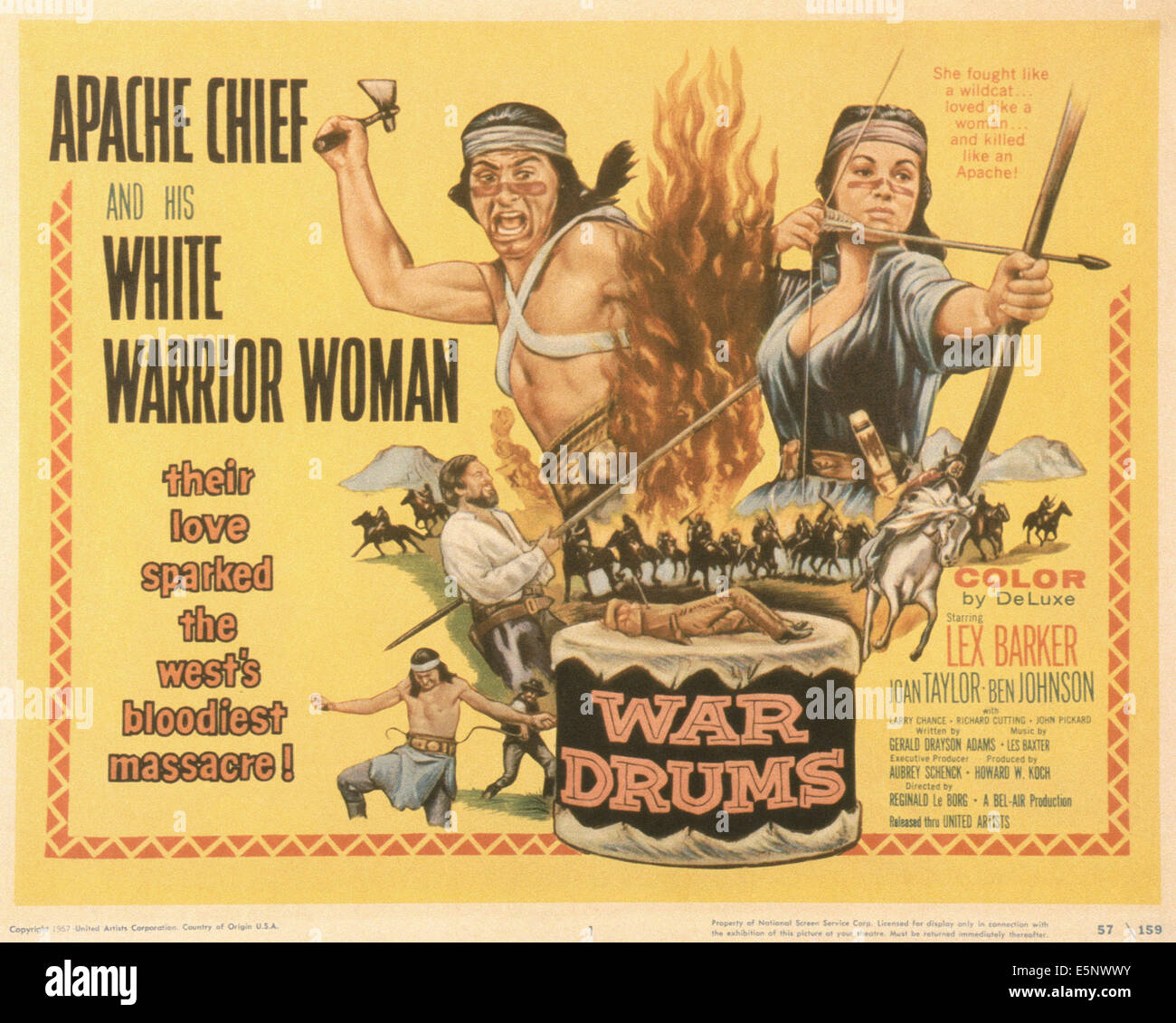 WAR DRUMS, US poster, top from left Lex Barker, Joan Taylor, 1957