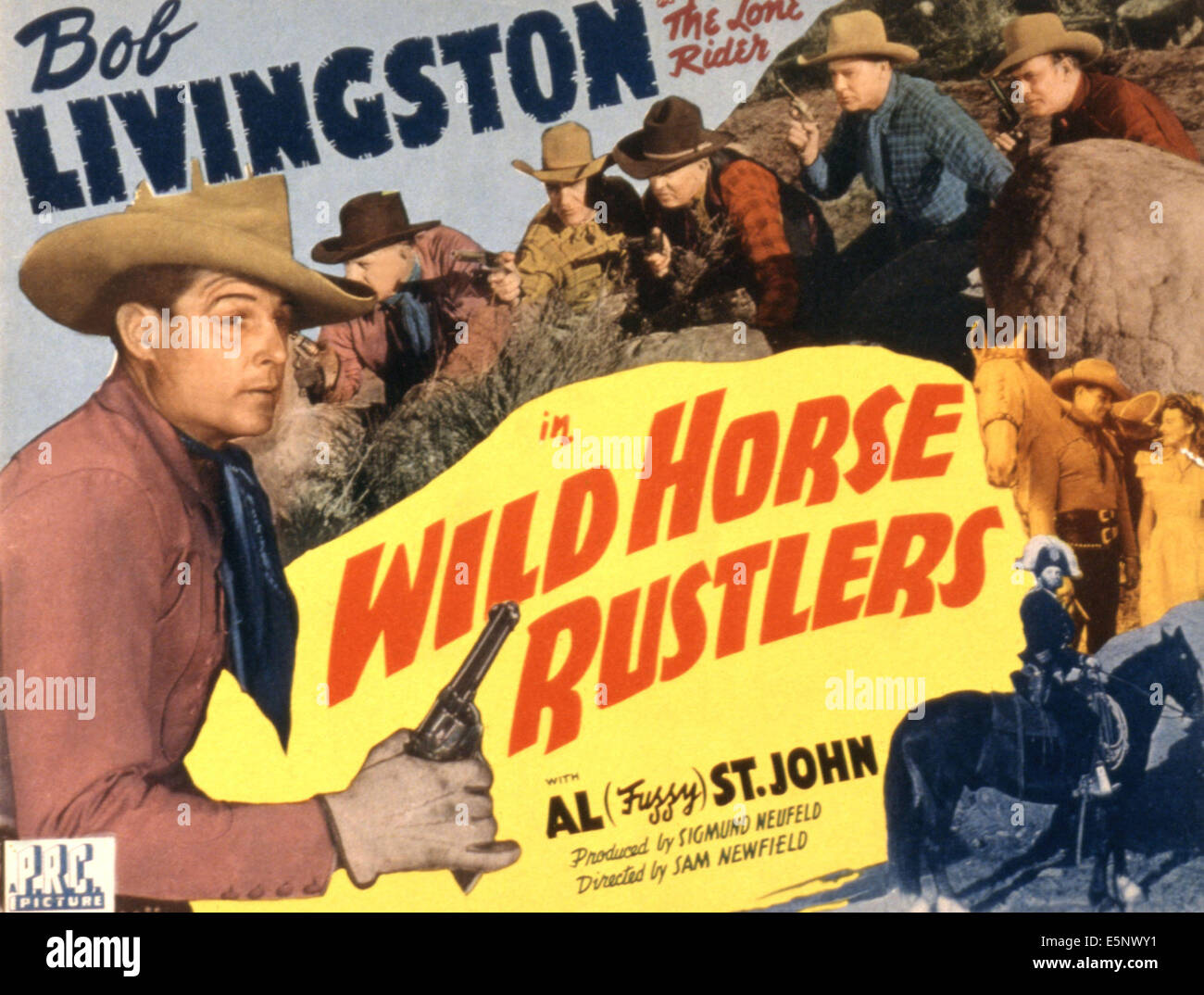 WILD HORSE RUSTLERS, Robert Livingston, Lane Chandler, Linda Leighton, Al St. John, 1943 Stock Photo