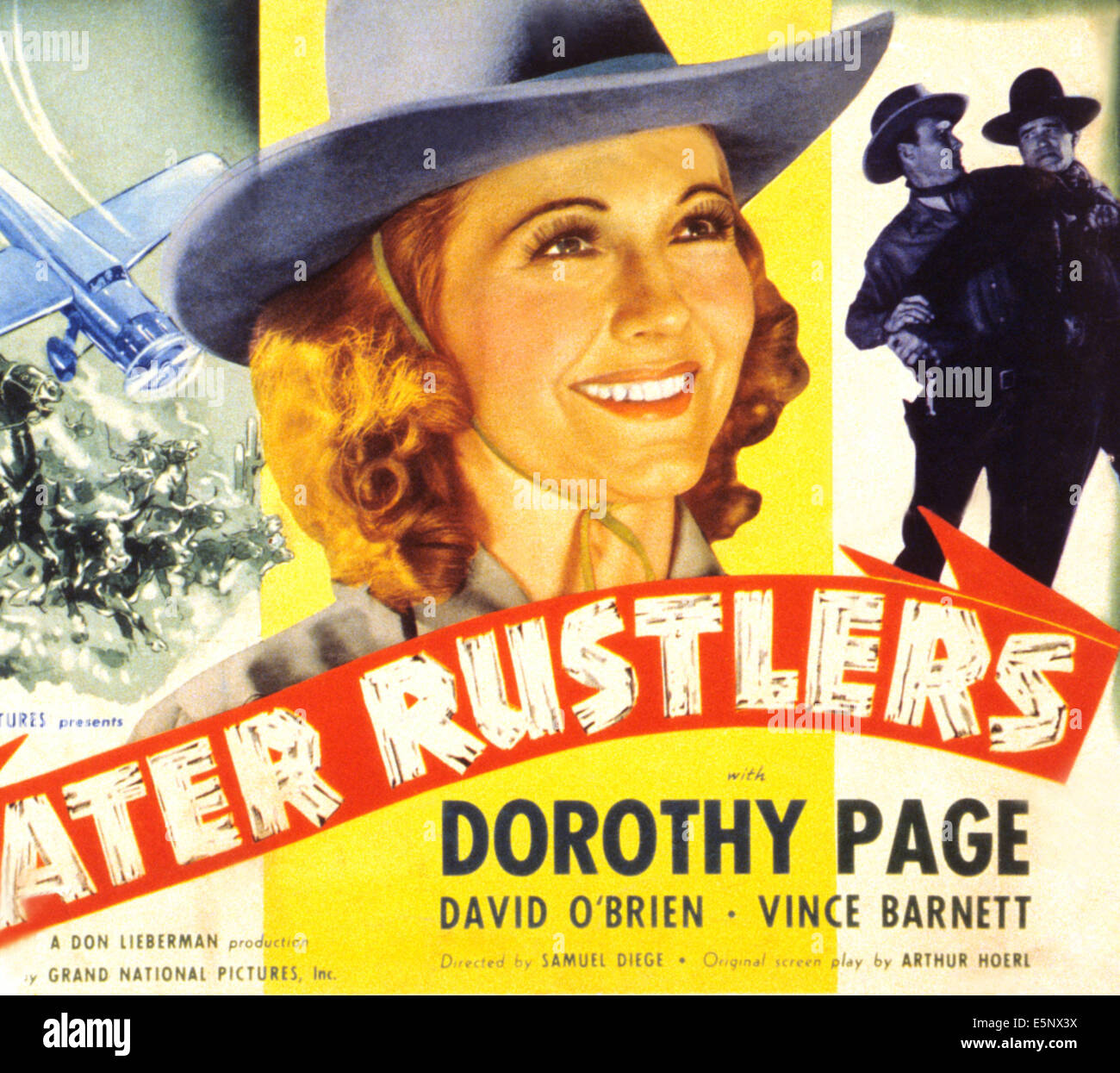 WATER RUSTLERS, center: Dorothy Page, second from right: Dave O'Brien on title lobbycard, 1939. Stock Photo
