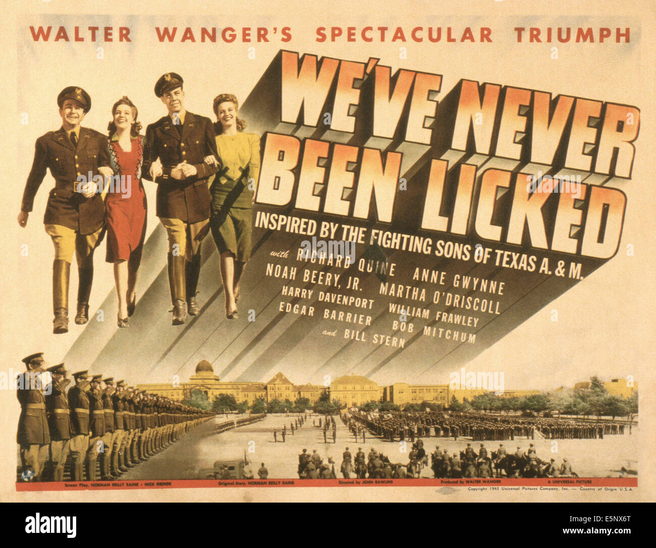 WE'VE NEVER BEEN LICKED, US poster, from left: Noah Beery Jr., Martha O'Driscoll, Richard Quine, Anne Gwynne, 1943 Stock Photo