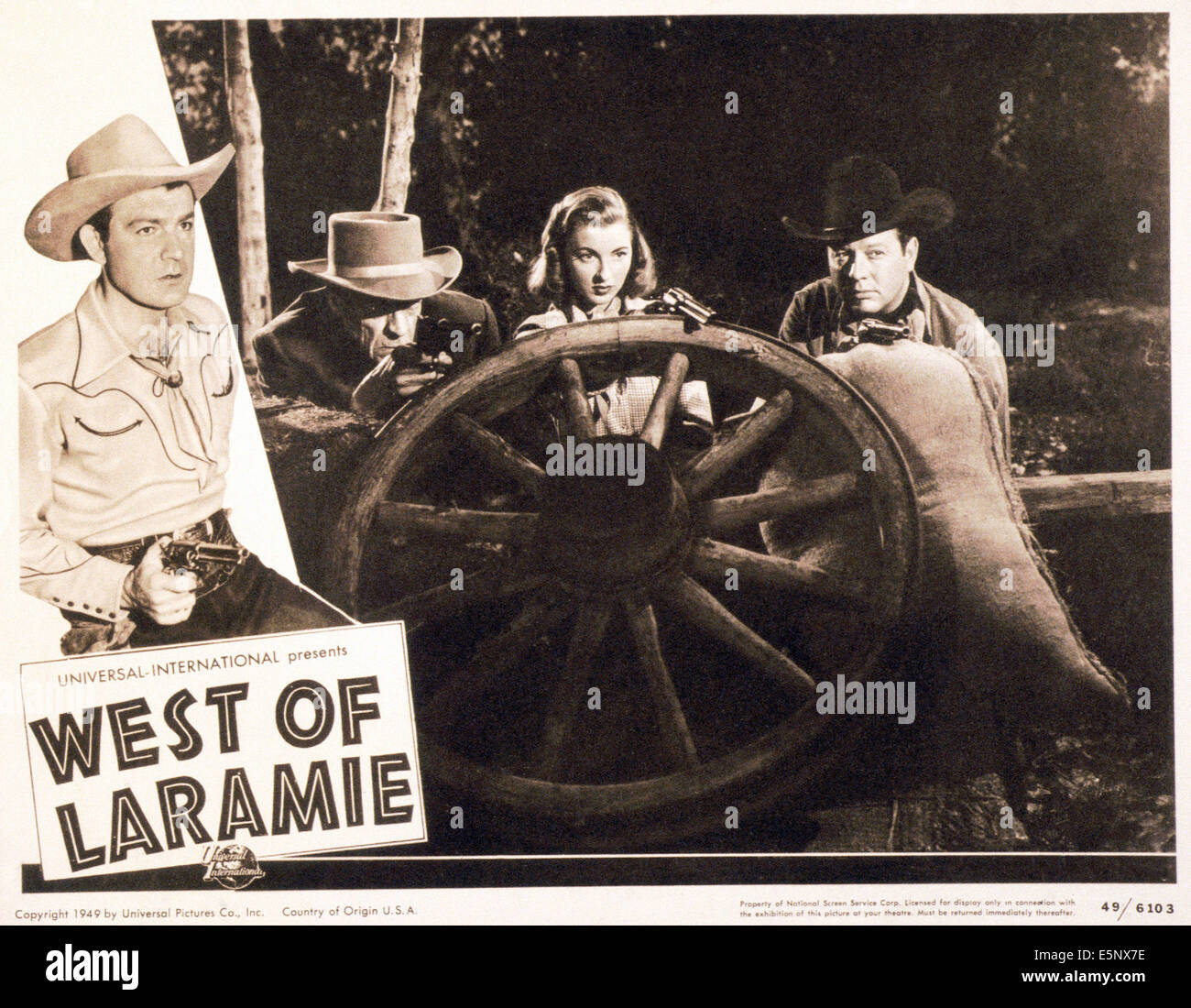 WEST OF LARAMIE, US lobbycard, from left: Tex Williams, Monte Montague, Patricia Hall, Smokey Rogers, 1949 Stock Photo