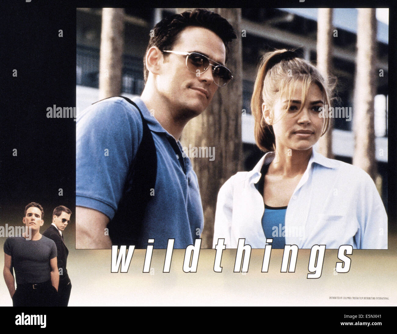 WILD THINGS, US lobbycard, from left: Matt Dillon, Kevin Bacon, Matt Dillon, Denise Richards, 1998, © Columbia/courtesy Everett Stock Photo