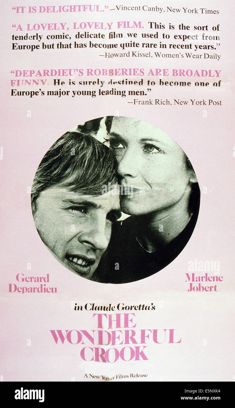 THE WONDERFUL CROOK, (aka PAS SI MECHANT QUE CA), US poster, from left: Gerard Depardieu, Marlene Jobert, 1975 Stock Photo