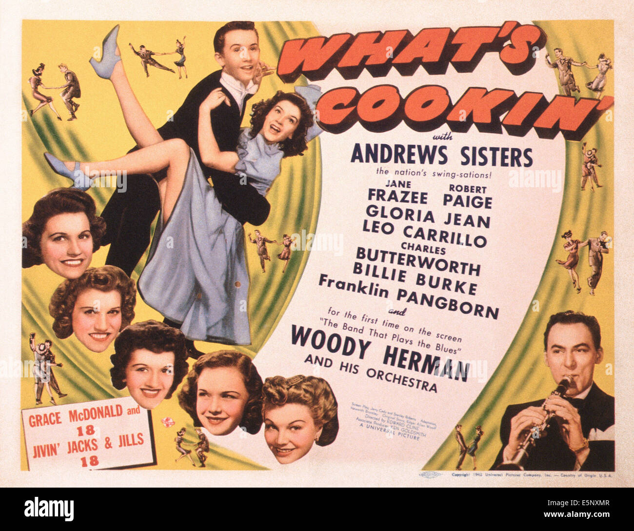 WHAT'S COOKIN'?, US lobbycard, from bottom left: Maxene Andrews, Patty Andews, Laverne Andrews, (aka the Andrews Sisters), Stock Photo