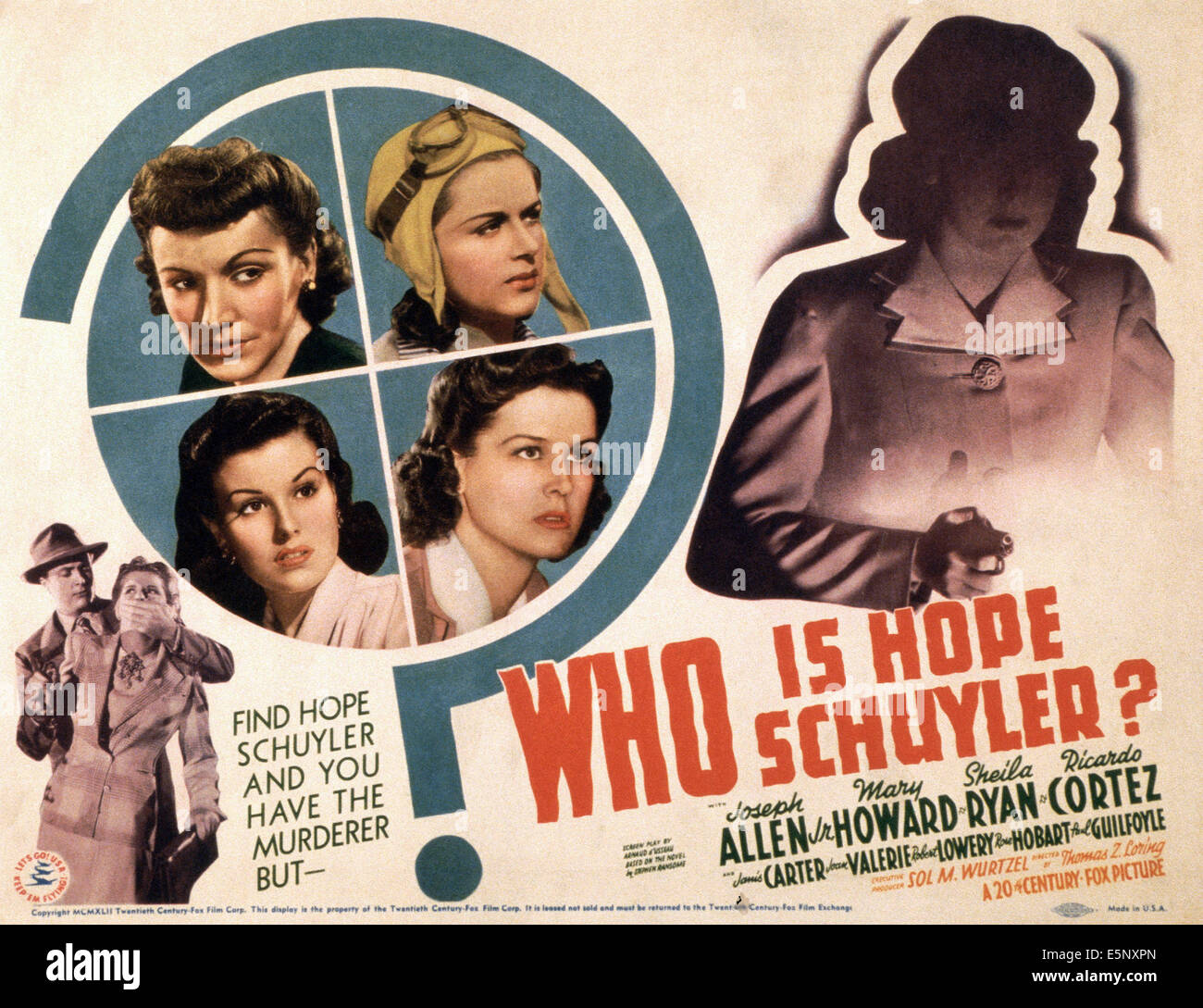 WHO IS HOPE SCHUYLER?, US poster, 1942, in circle top from left: Rose Hobart, Joan Valerie, bottom from left: Sheila Ryan, Mary Stock Photo