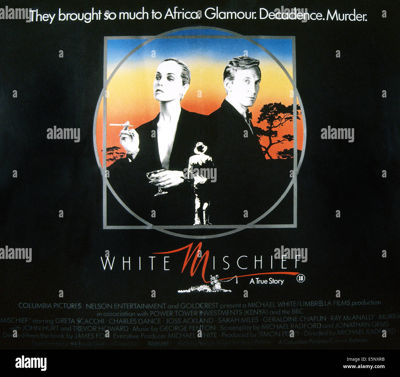 WHITE MISCHIEF, US poster, from left: Greta Scacchi, Charles Dance, 1987, © Columbia/courtesy Everett Collection Stock Photo