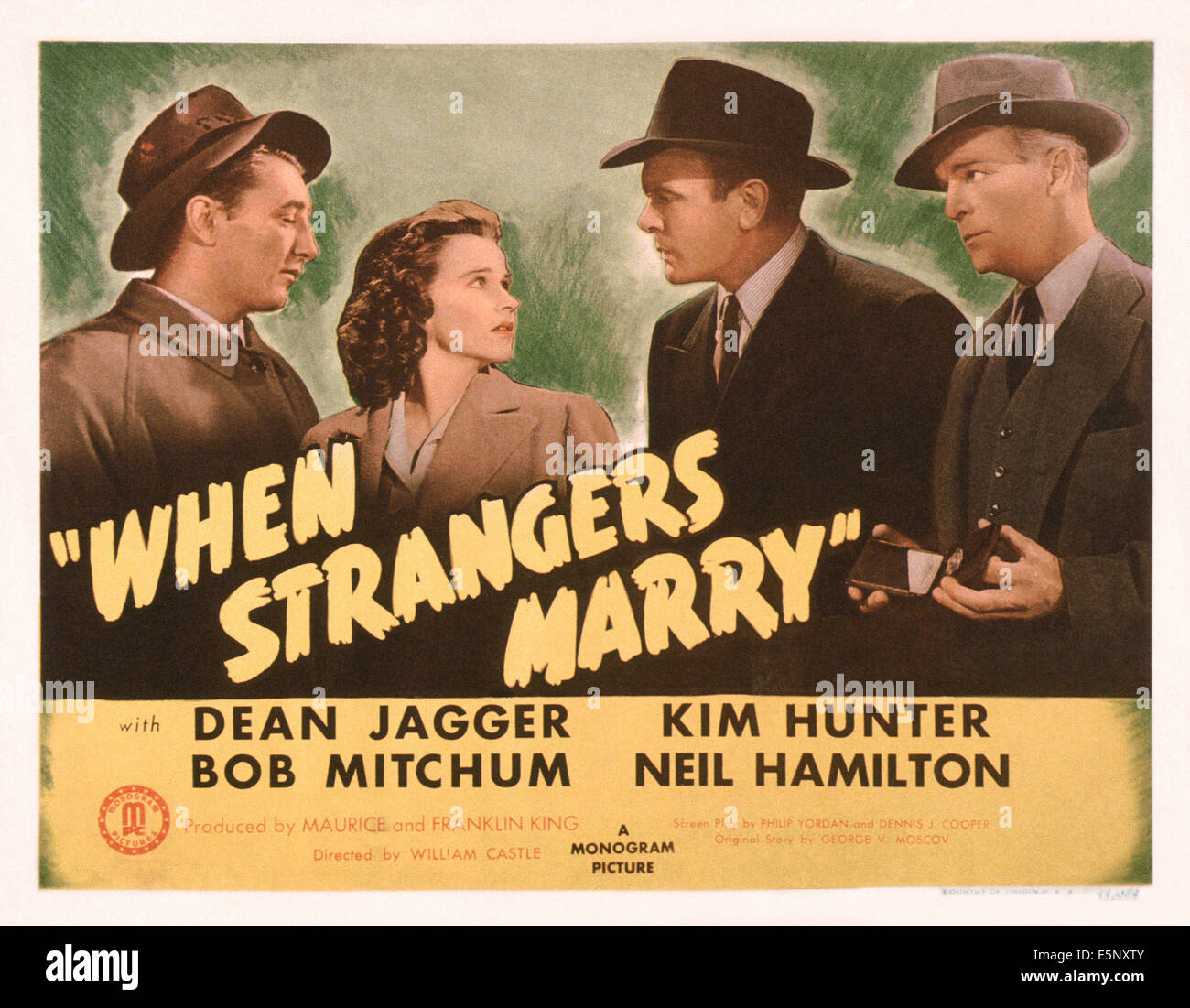 WHEN STRANGERS MARY, (aka BETRAYED, reissue title), US lobbycard, from left: Robert Mitchum, Kim Hunter, Dean Jagger, Neil Stock Photo