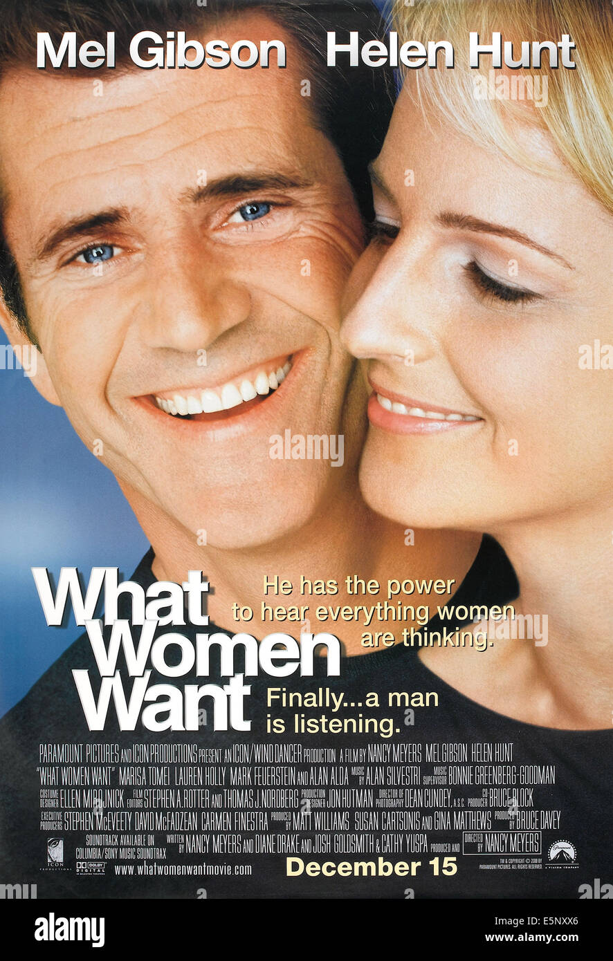 WHAT WOMEN WANT, US advance poster, from left: Mel Gibson, Helen Hunt, 2000, © Paramount/courtesy Everett Collection Stock Photo