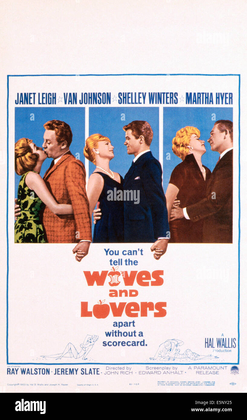 WIVES AND LOVERS, US poster art, from left: Janet Leigh, Van Johnson, Martha Hyer, Jeremy Slate, Shelley Winters, Ray Walston, Stock Photo
