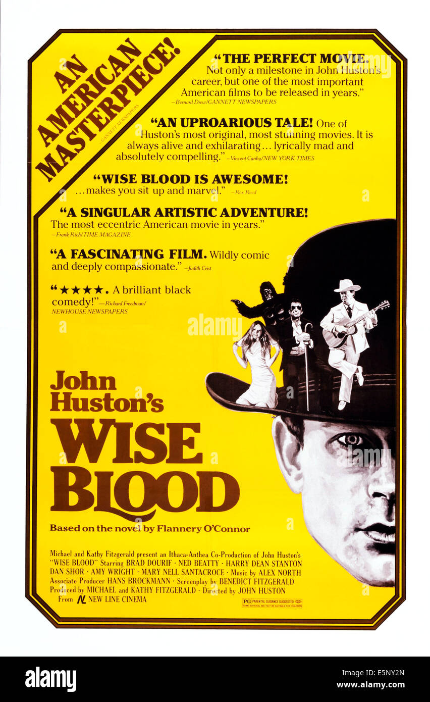 WISE BLOOD, US poster, on hat from left: Amy Wright, Harry Dean Stanton, Ned Beatty, Brad Dourif (wearing hat), 1979, © New Stock Photo