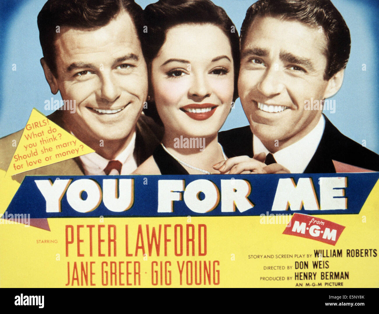 YOU FOR ME, from left: Gig Young, Jane Greer, Peter Lawford, 1952 Stock Photo