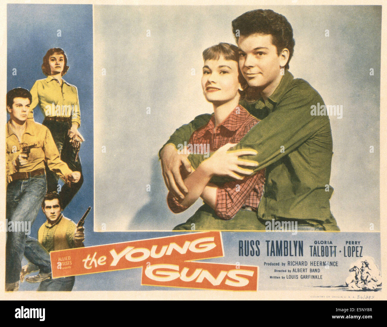 THE YOUNG GUNS, US lobbycard, left from top: Gloria Talbott, Russ Tamblyn, Perry Lopez, center from left: Gloria Talbott, Russ Stock Photo