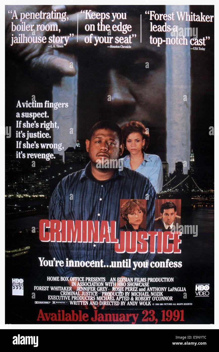 CRIMINAL JUSTICE, poster, from back: Rosie Perez, Forest Whitaker, Jennifer Grey, Anthony LaPaglia, 1990. ©HBO/courtesy Everett Stock Photo