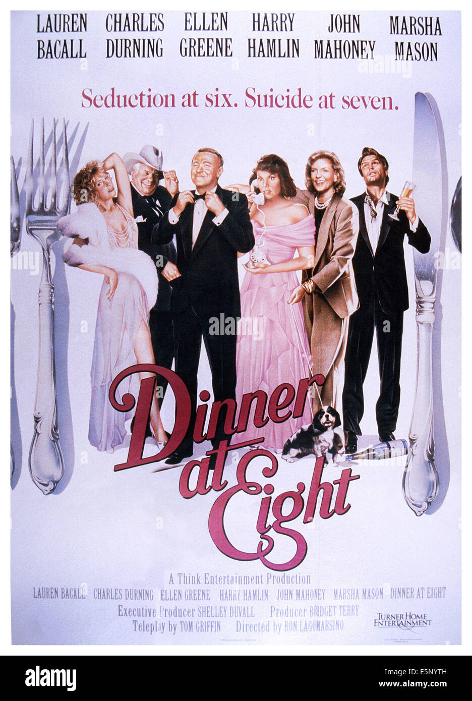 DINNER AT EIGHT, poster, from left: Ellen Greene, Charles Durning, John Mahoney, Marsha Mason, Lauren Bacall, Harry Hamlin, Stock Photo