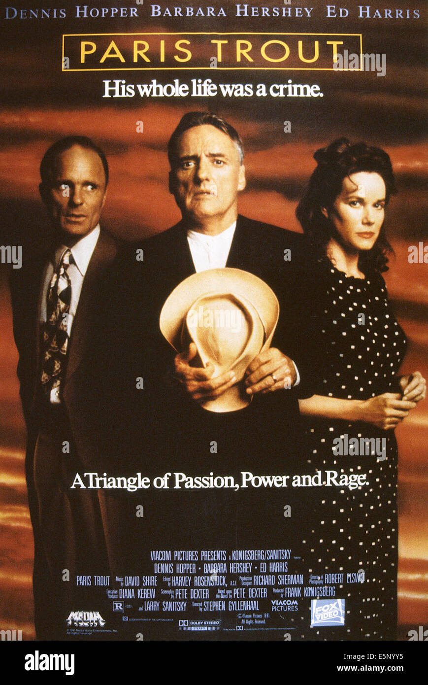 PARIS TROUT, US poster, from left: Ed Harris, Dennis Hopper, Barbara Hershey, 1991, © Viacon Pictures/courtesy Everett Stock Photo