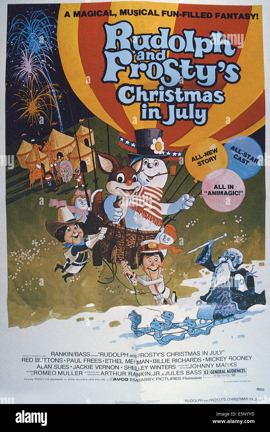 RUDOLPH AND FROSTY'S CHRISTMAS IN JULY, US poster, in basket from left: Rudolph the Red Nosed Reindeer, Frosty the Snowman, Stock Photo