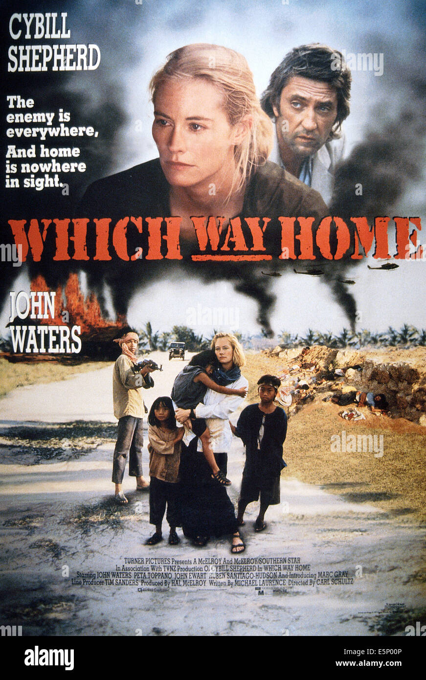 WHICH WAY HOME, US poster, top from left: John Waters, Cybill Shepherd, 1991, © Turner/courtesy Everett Collection Stock Photo