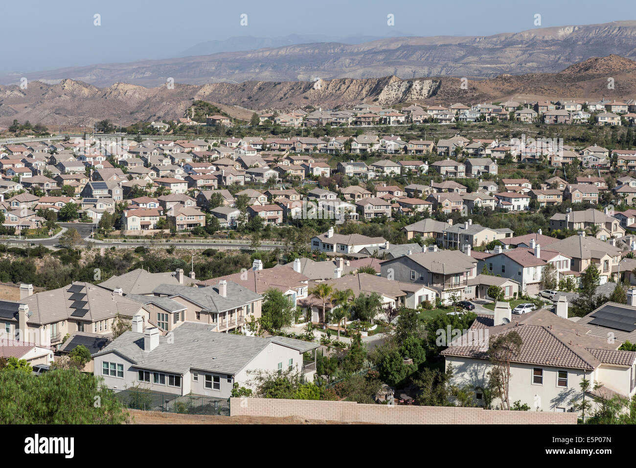 Neighborhood of bright new homes in Ventura County's Simi Valley near Los Angeles, California. Stock Photo