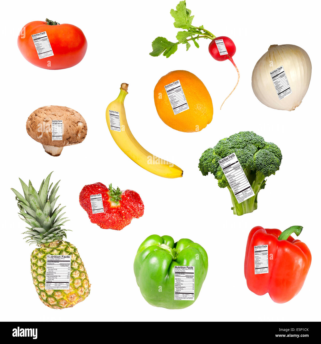 Fruit and vegetables with nutrition fact labels Stock Photo