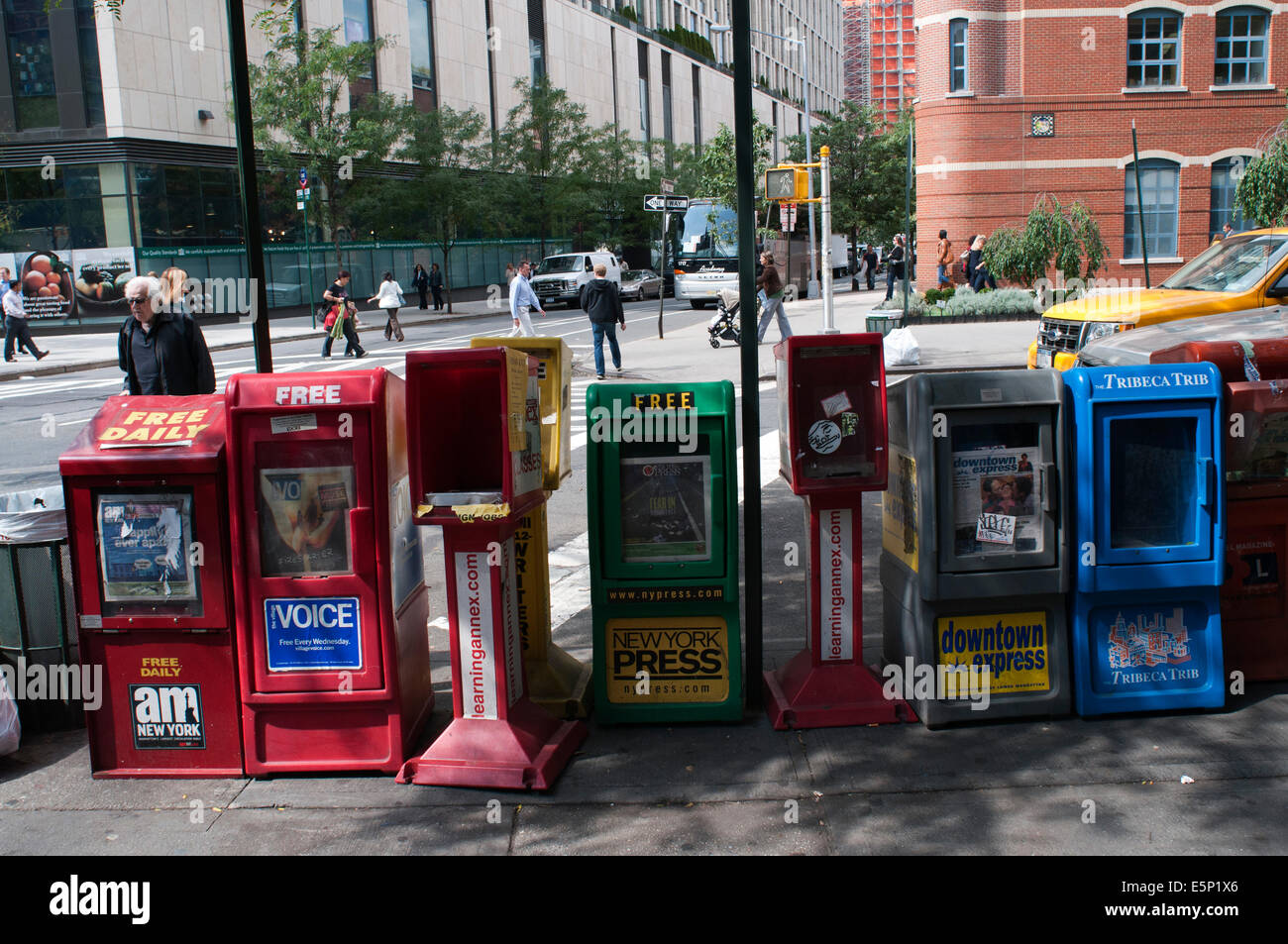 Free newspaper boxes on the street, New York City, America, USA. A