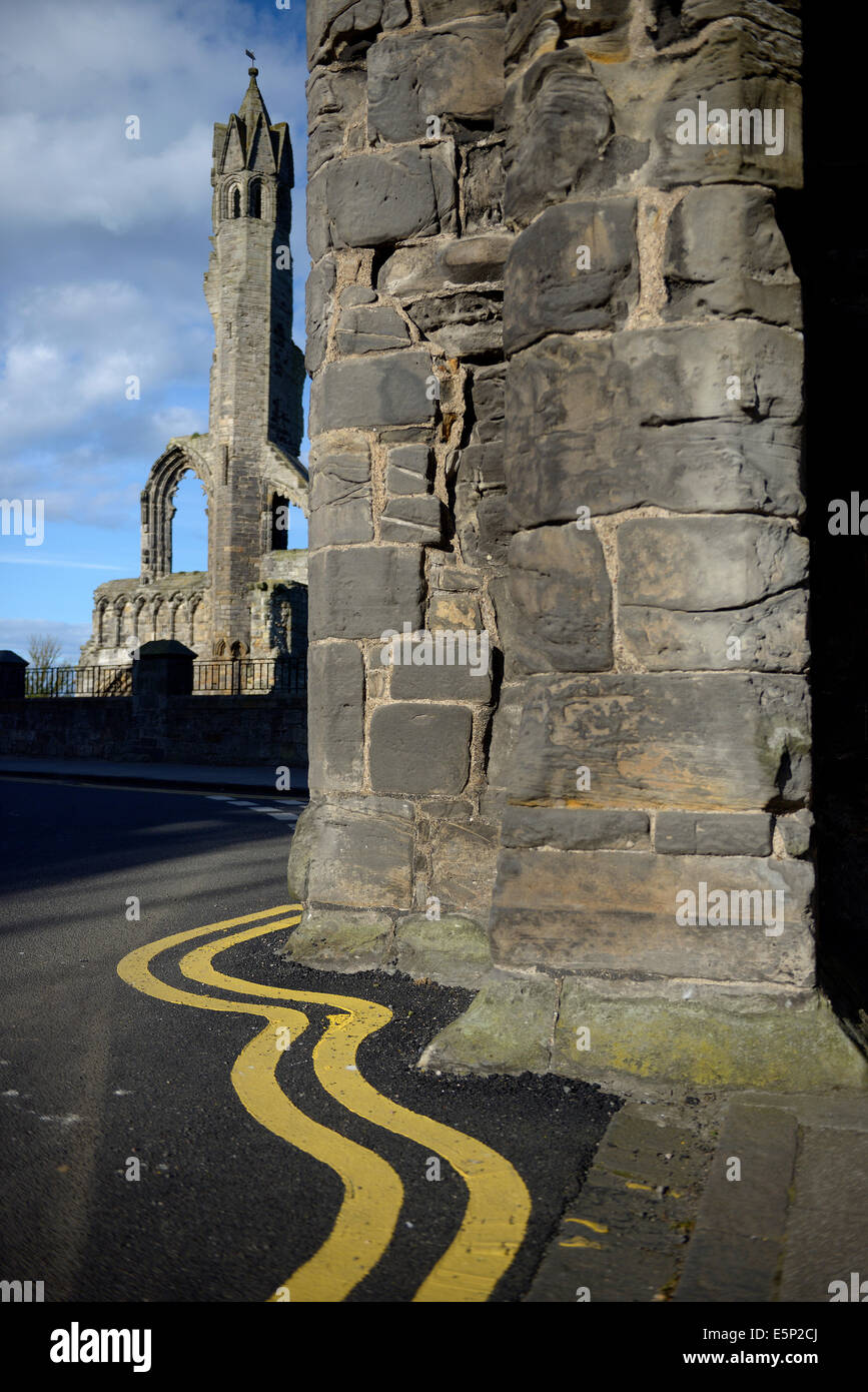 st andrews cathedral yellow parking lines scotland Stock Photo