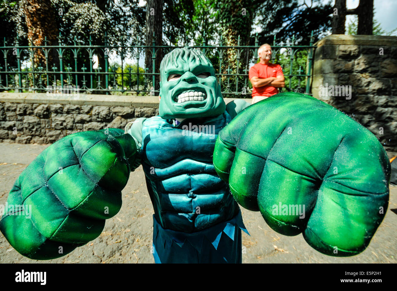 Belfast, Northern Ireland. 3rd Aug, 2014. A young boy dressed as 'The Hulk' during the Feile an Phobail (People's Festival) opening festival Credit:  Stephen Barnes/Alamy Live News Stock Photo