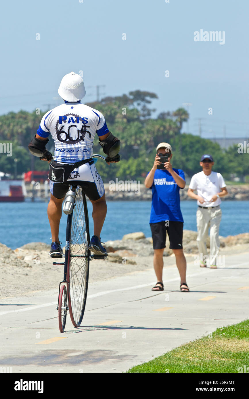 Man On A Penny Farthing. Long Beach, California. Stock Photo