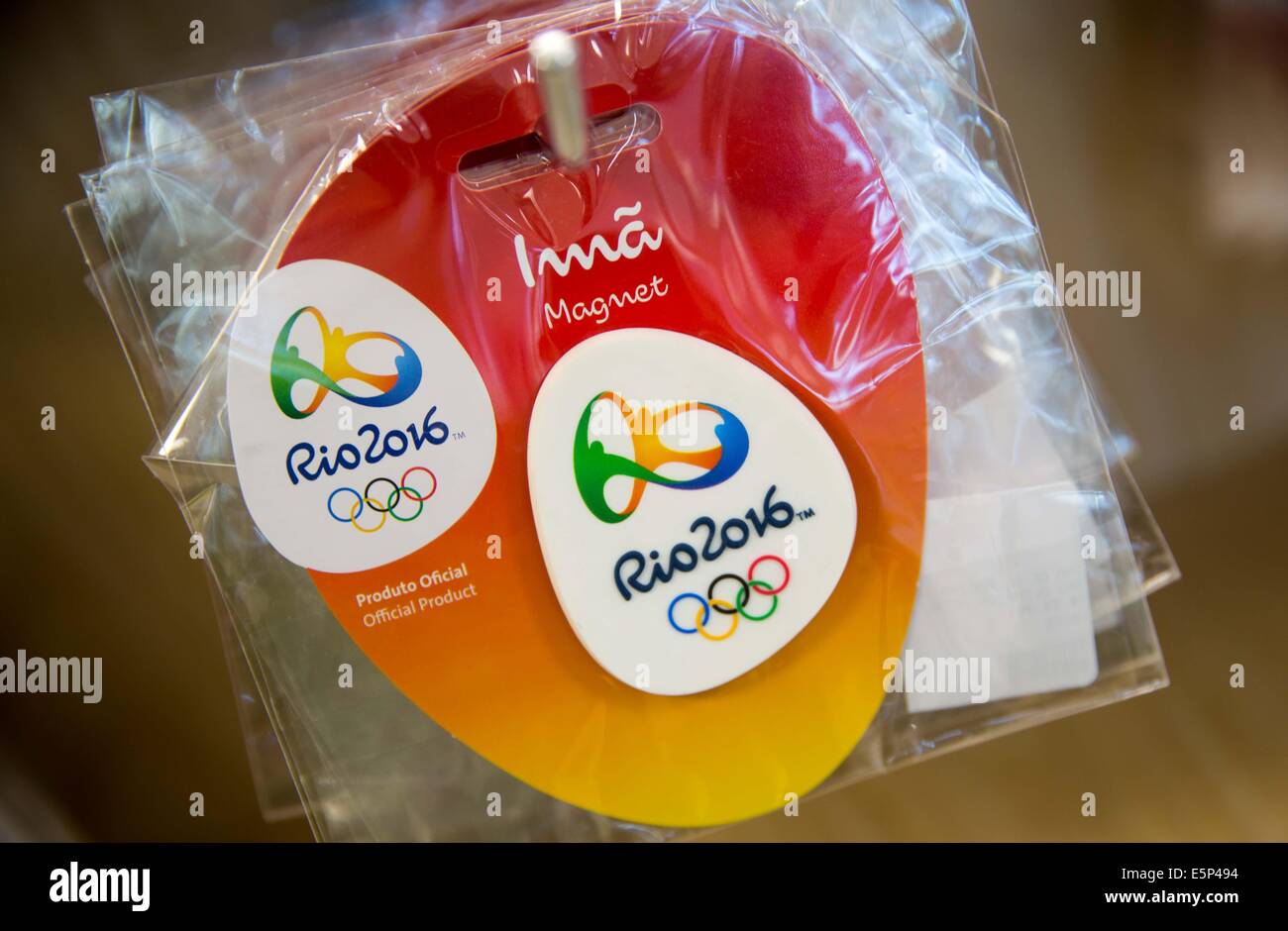 Rio de Janeiro, Brazil. 4th Aug, 2014. The Logo of the Rio2016 Olympic Games is seen in a merchandising shop two years prior to the Olympic Games, 04. August 2014 in Rio de Janeiro, Brazil. Credit:  dpa picture alliance/Alamy Live News Stock Photo