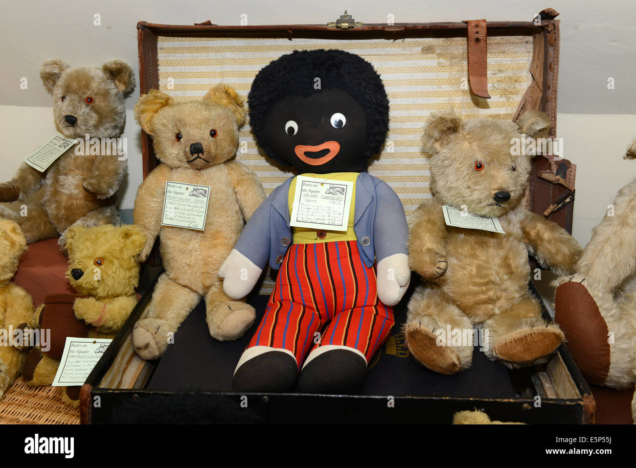 Vintage Teddy Bears and Golly on sale at Bears on the Square at Ironbridge Uk Stock Photo