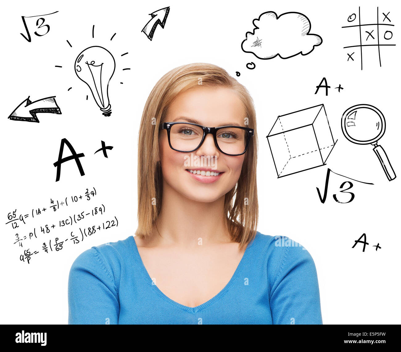 Smiling woman in black glasses stock photo alamy