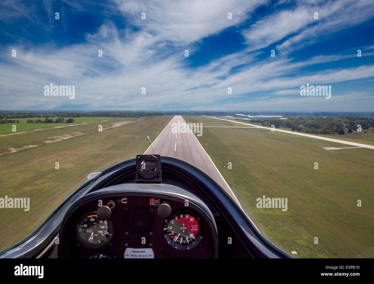 Cockpit view of a Sailplane landing on the runway of an airport Stock Photo