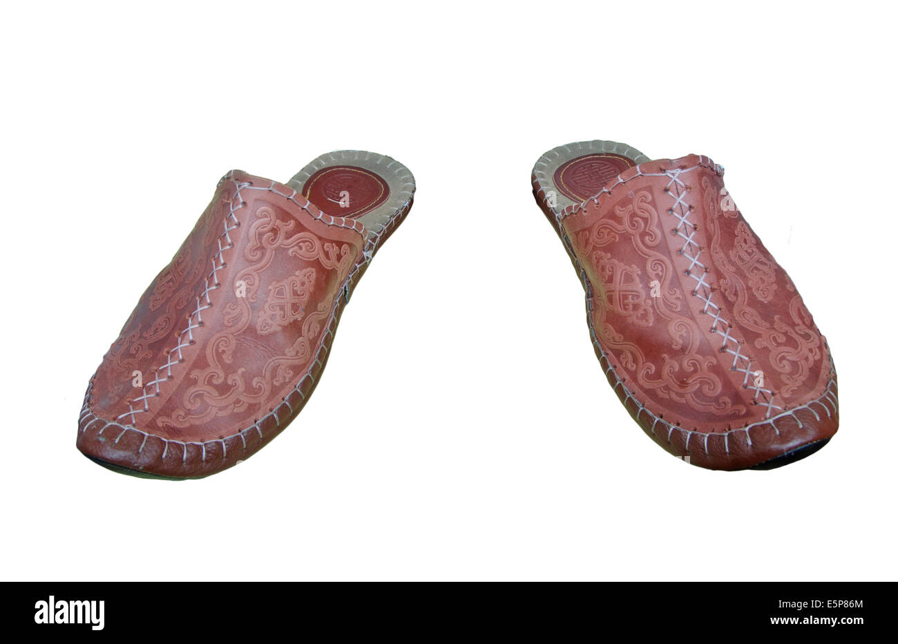 Turkish leather slippers brown color on a white background Stock Photo