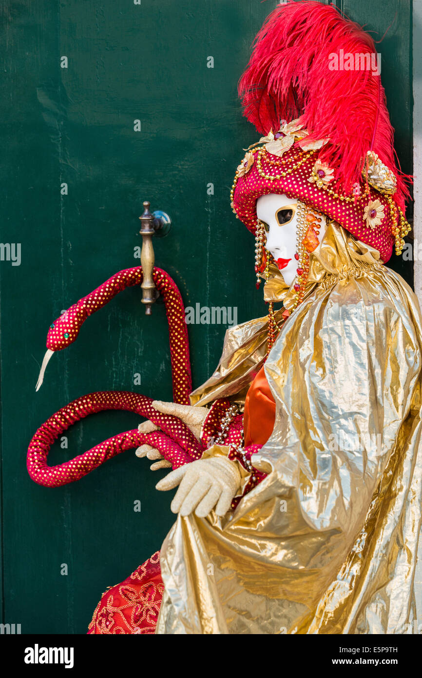 Woman dressed as snake charmer in elaborate red and gold costume in San  Zaccaria Square during Carnival in Venice Stock Photo - Alamy