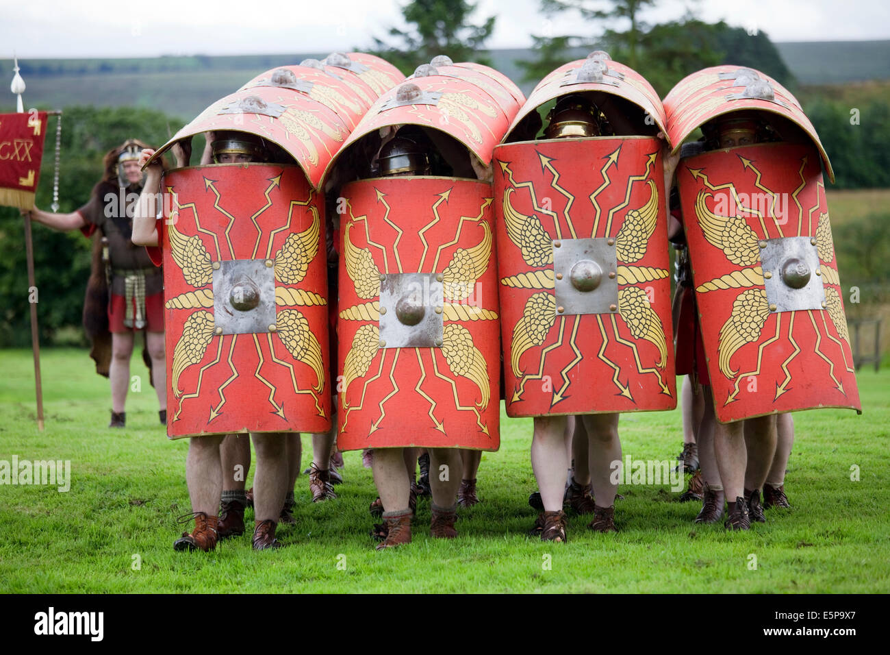 A  re-enactment  of typical Roman weapons and tactics given at the site of Vindolanda Roman Fort in Northumberland, England. Stock Photo