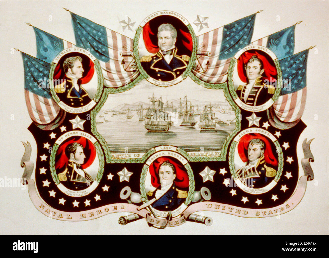 Naval heroes of the United States - portraits of War of 1812 American naval officers Thomas MacDonough, Isaac Hull, Jacob Jones, Joshua Barney, Charles Stewart, and William Henry Allen surrounding a vignette of the battle of Lake Champlain. Stock Photo