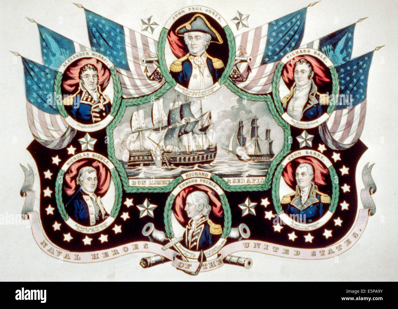 Naval heroes of the United States. Portraits of Revolutionary War American naval officers John Paul Jones, Alexander Murray, Richard Dale, John Barry Edward Preble, and Nicholas Biddle surrounding a vignette of the battle between the Bon Homme Richard and the Serapis. Stock Photo