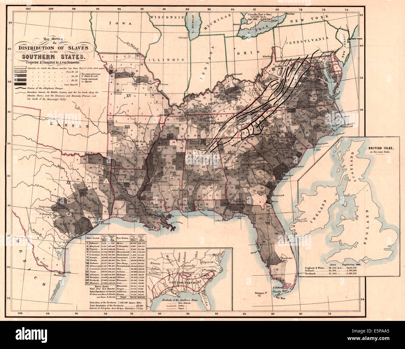 Map showing the distribution of slaves in the Southern States 1860 USA Stock Photo